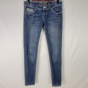 JZ Jeans Juniors 7 Blue Denim Low‎ Rise Womens Skinny Distressed Embroidered Gem